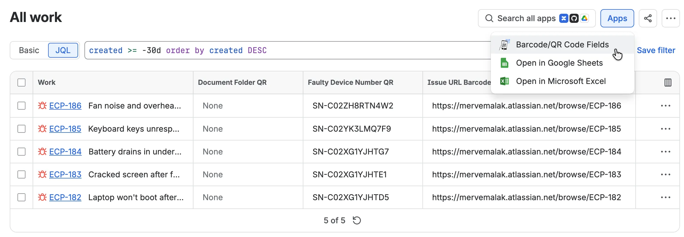 The Jira issue navigator with a JQL search, the QR / Barcode Fields option open under the Apps menu, and a table below it showing Editable, Issue URL and Jira Expression codes for issues JDP-1 and SPARK-14, with XLS, PDF and Columns buttons