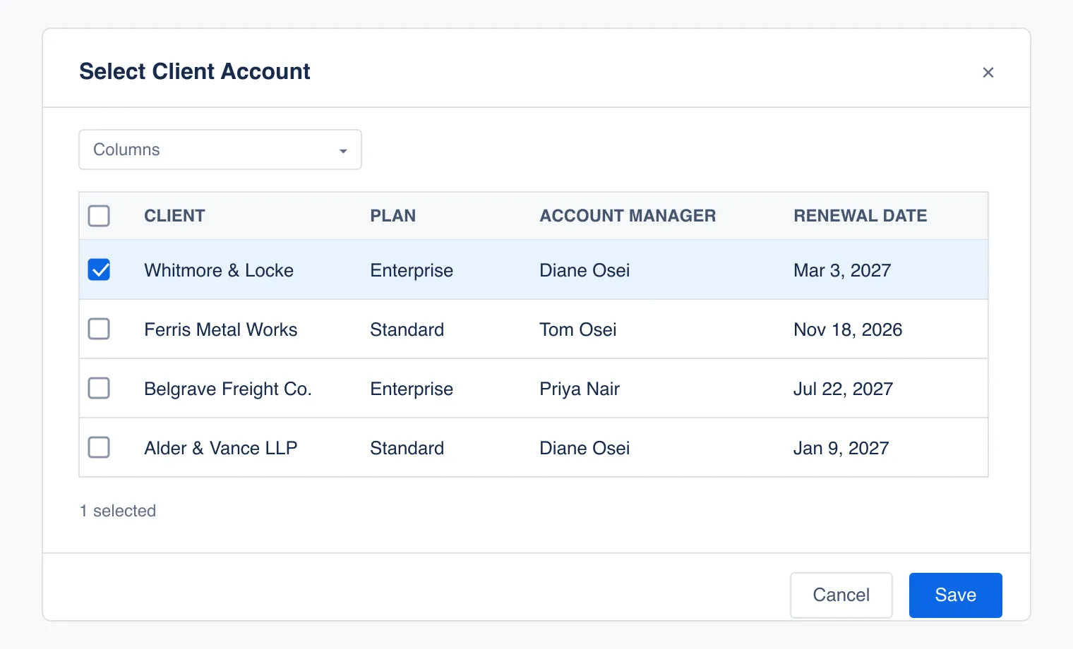 A Jira issue’s Client Account field open for editing, showing a checkbox table of client rows with Whitmore &amp; Locke selected.