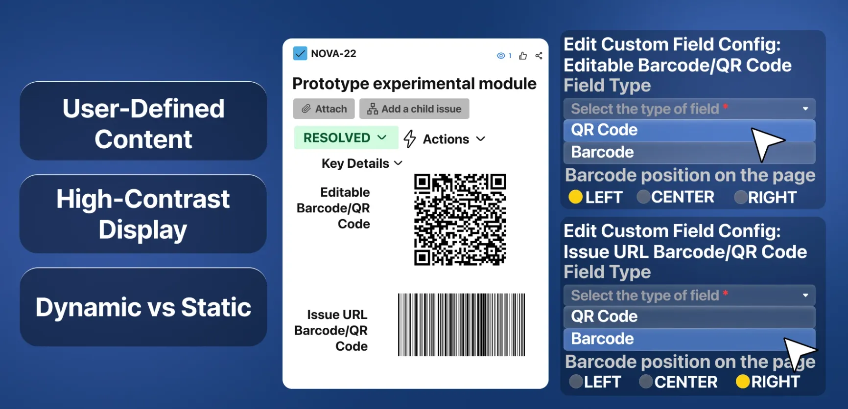 A Jira issue with an Editable Barcode/QR Code field rendered as a QR code and an Issue URL Barcode/QR Code field rendered as a barcode, next to the two configuration screens where each field’s type is set to QR Code or Barcode
