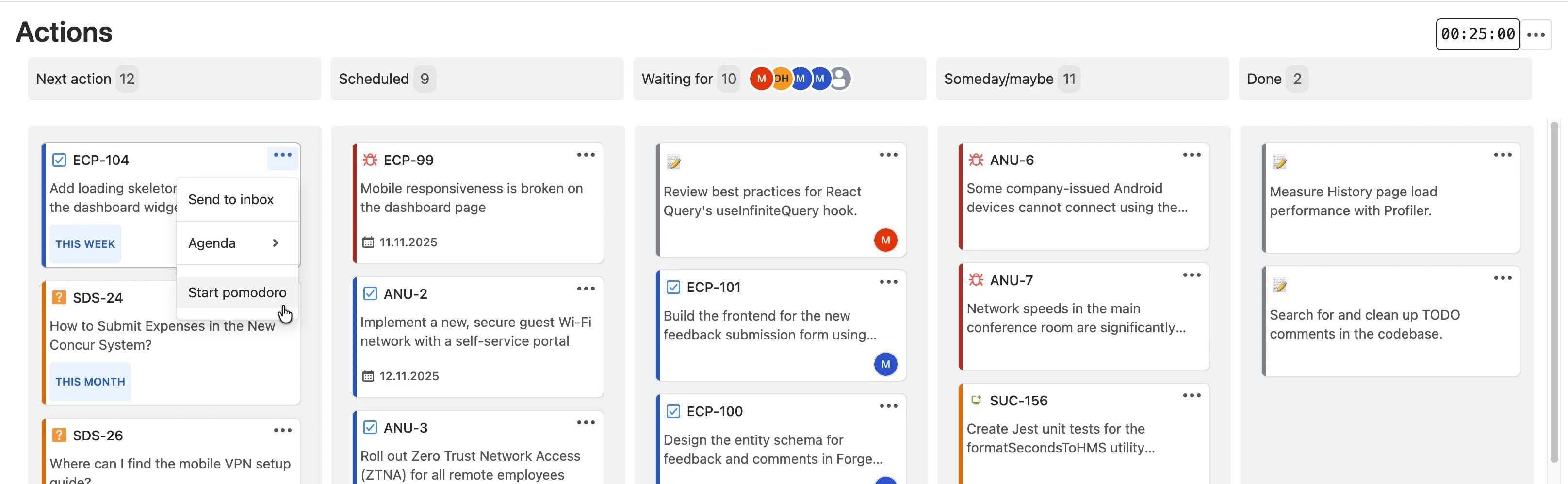 Starting a Pomodoro on the Actions page