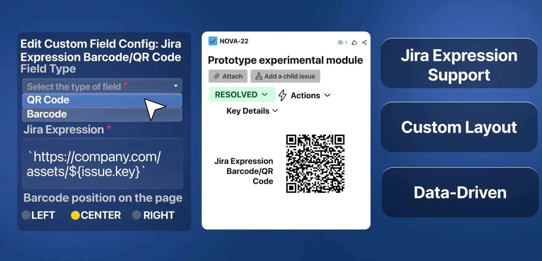 The Jira Expression Barcode/QR Code field configuration with QR Code selected and the expression https://company.com/assets/${issue.key} entered, next to issue NOVA-22 showing the resulting QR code