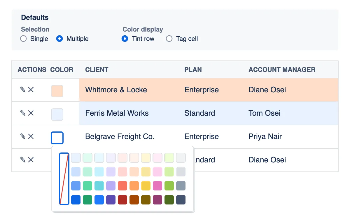 The Tabular Combobox Custom Field’s row color picker open over a config table, showing the swatch palette and two already-tinted rows.