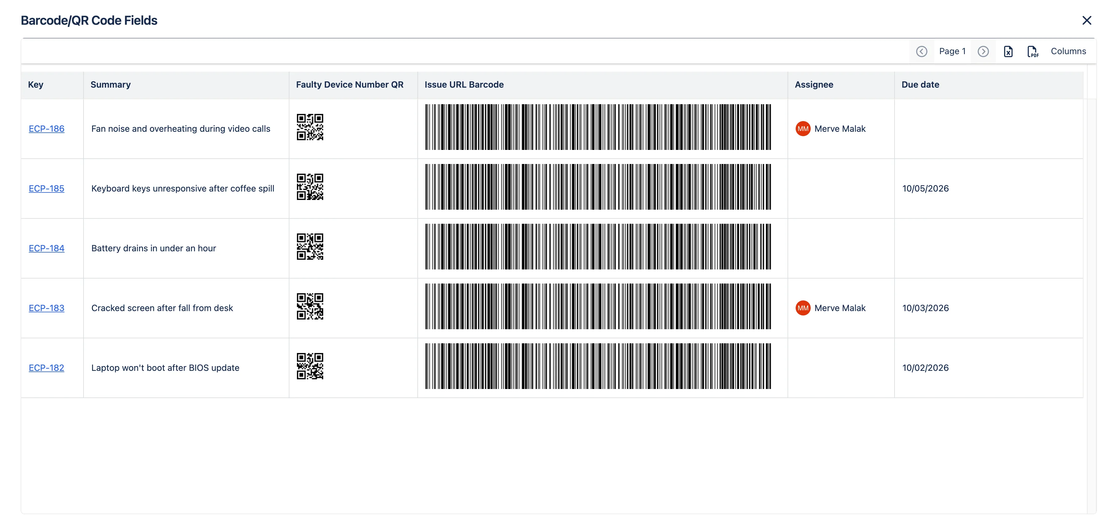 The Barcode/QR Code Fields table for five laptop repair issues, ECP-182 to ECP-186, with columns for Key, Summary, Faulty Device Number QR, Issue URL Barcode, Assignee and Due date, and Excel, PDF and Columns buttons above it