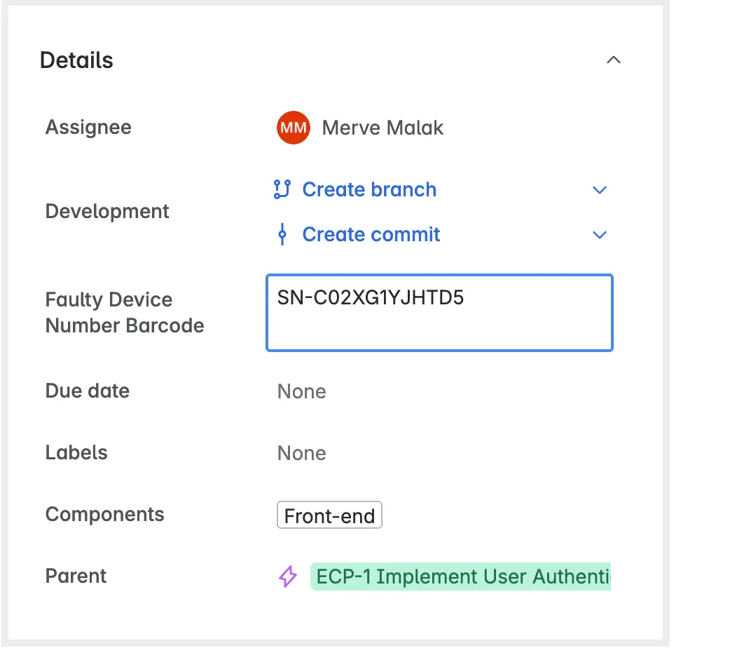 The Details panel of a Jira issue with the serial number SN-C02XG1YJHTD5 typed into the text box of a Faulty Device Number Barcode field, before the value is saved