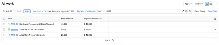 Saved JQL searches filtering issues by Highest Estimated Cost