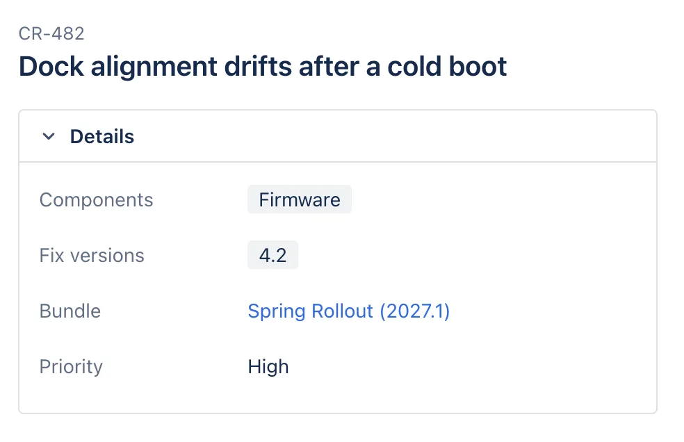 A Jira issue’s Details panel with Components set to Firmware, Fix versions set to 4.2, and a Bundle field holding the link Spring Rollout (2027.1)