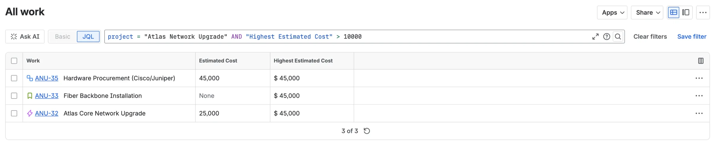 Saved JQL searches filtering issues by Highest Estimated Cost