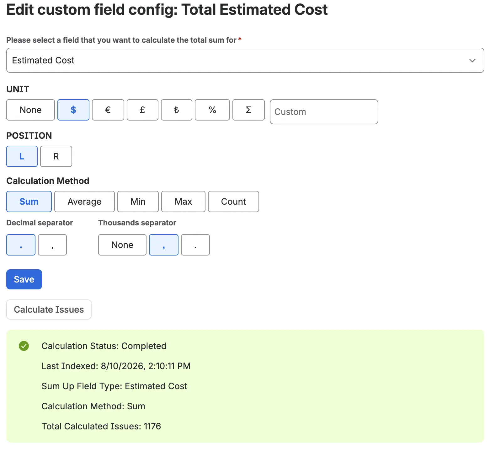 Jira Sum-Up custom field configuration