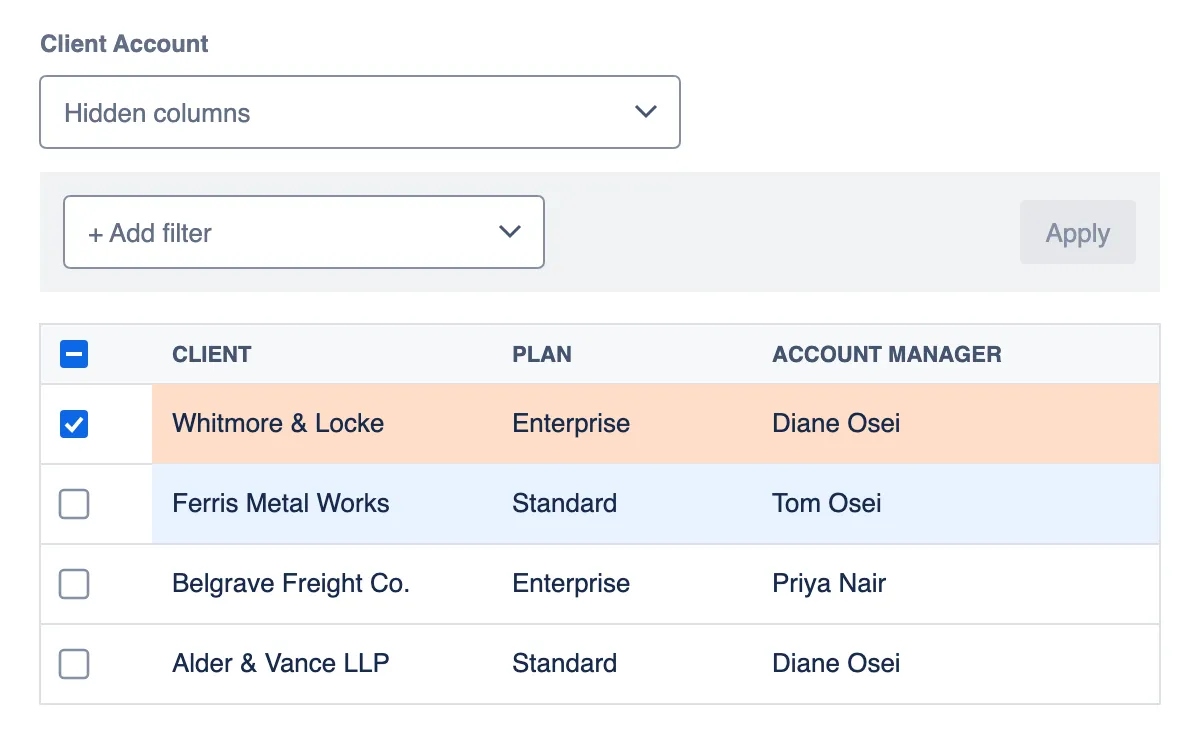 The Tabular Combobox Custom Field on the Jira issue create screen, with Whitmore &amp; Locke’s orange-tinted row checked and Ferris Metal Works tinted blue.