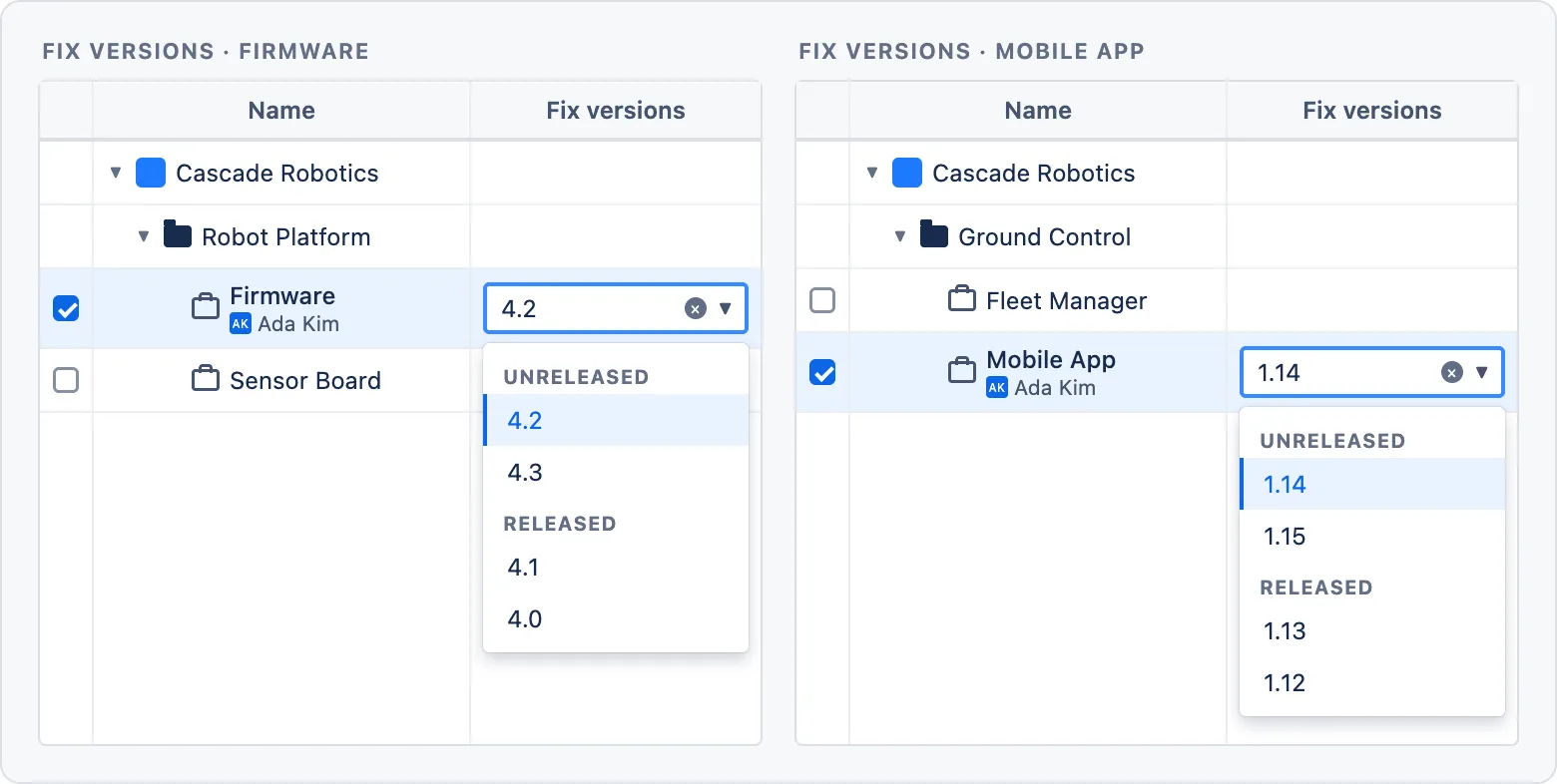 The picker’s edit grid shown twice, once with the Fix Versions dropdown open on the Firmware row under Robot Platform (Unreleased 4.2 and 4.3, Released 4.1 and 4.0) and once on the Mobile App row under Ground Control (Unreleased 1.14 and 1.15, Released 1.13 and 1.12)