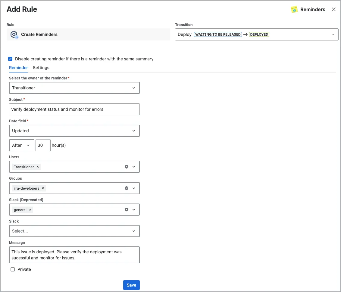 Reminder Configuration from Jira Worklflow Actions