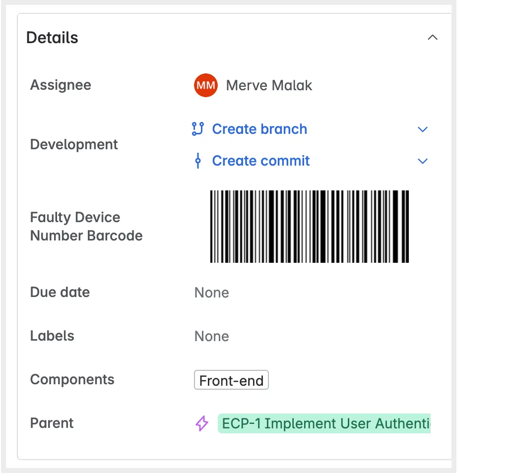 The same Jira issue after saving, with the entered device number drawn as a Code128 barcode in the Faulty Device Number Barcode field