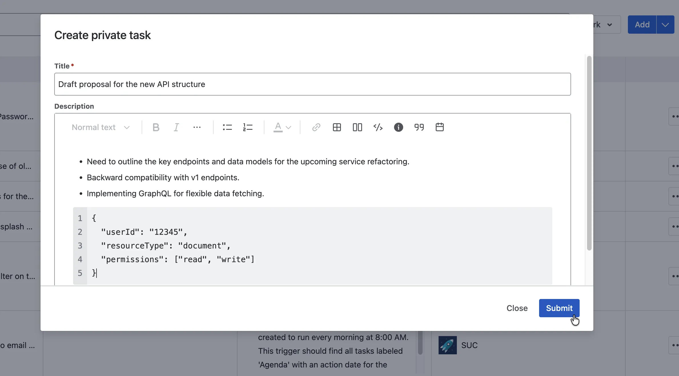 Create private task dialog in GWD