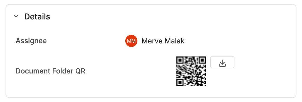 The Details panel of a Jira issue showing the Document Folder QR field rendered as a QR code, with a download button beside it